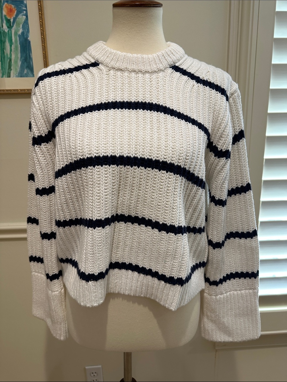 J. Crew White and Navy Striped Crewneck Sweater